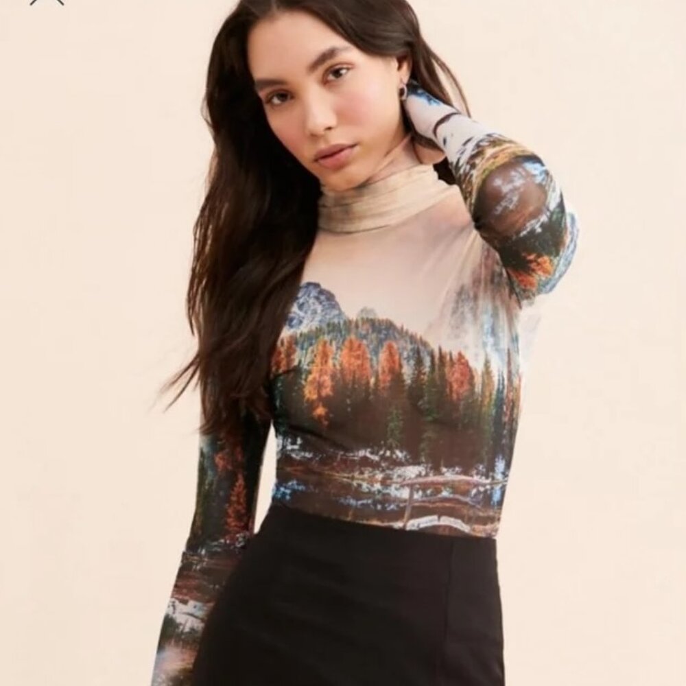 AFRM Zadie Turtleneck, Sheer Mesh, Winter Mountain Print